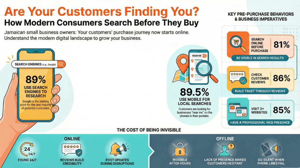 Infographic showing how Jamaican small business marketing depends on online search, mobile usage, and customer reviews before purchase.