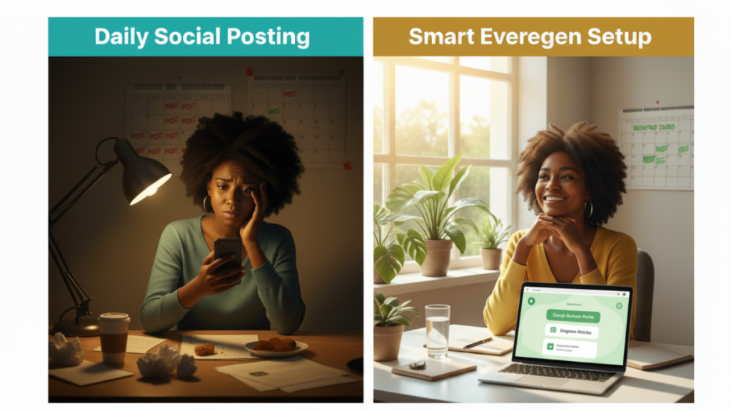 Side-by-side image showing online visibility tips: a stressed business owner overwhelmed by daily social media posting contrasted with a calm owner benefiting from a smart evergreen online visibility setup.