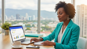 Jamaican small business owner managing her online presence and digital marketing on laptop in modern Kingston office