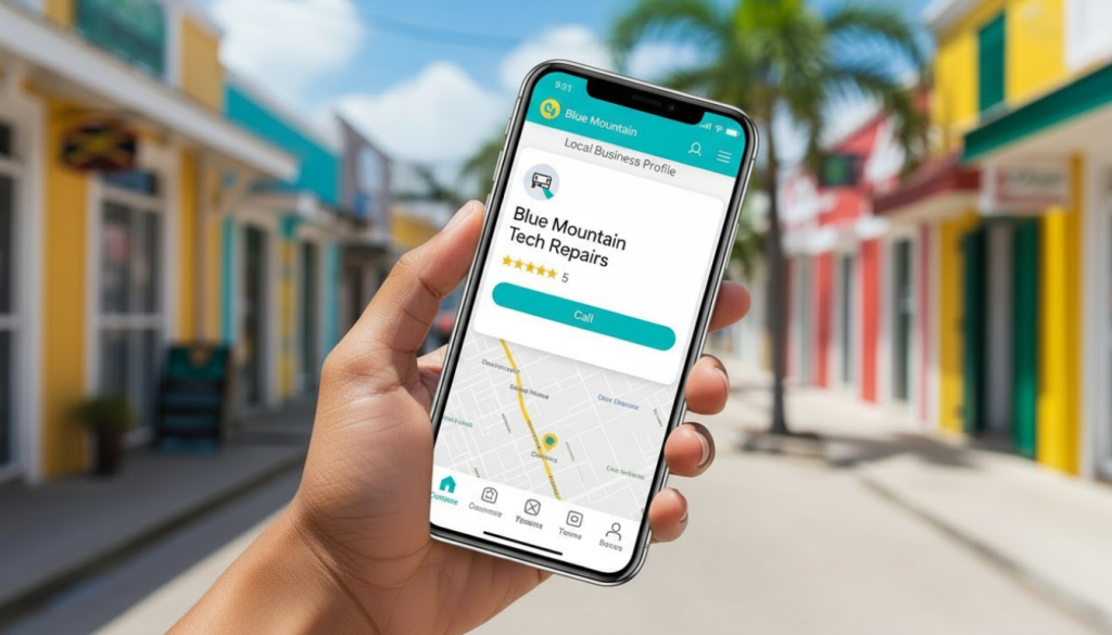 Google Business Profile interface showing local SEO optimization and online visibility for Jamaican small businesses