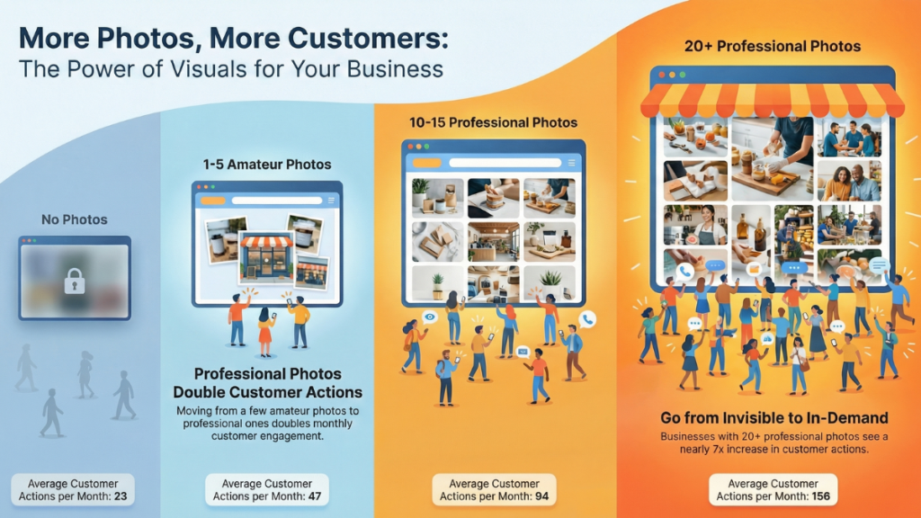 Graphic showing how professional business photos increase engagement and influence Jamaican customer behavior, from low visibility to high customer demand.