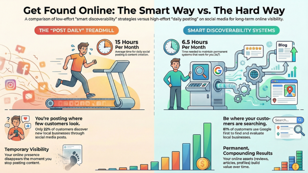 Comparison infographic showing daily social media posting versus smart discoverability systems as effective online visibility tips for long-term growth.