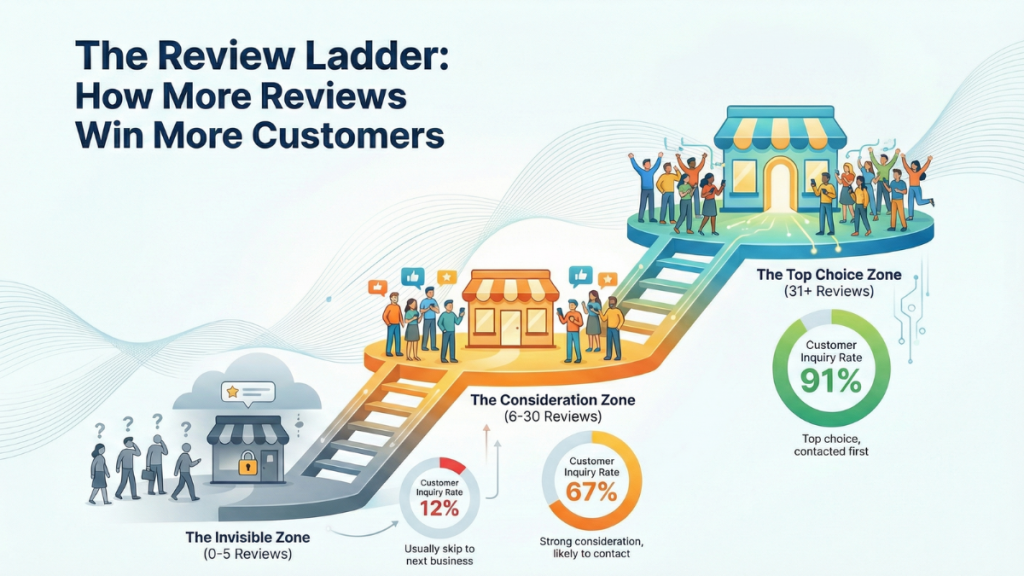 The importance of having more reviews to increase customer inquiries, with a higher inquiry rate seen for businesses with 31+ reviews.