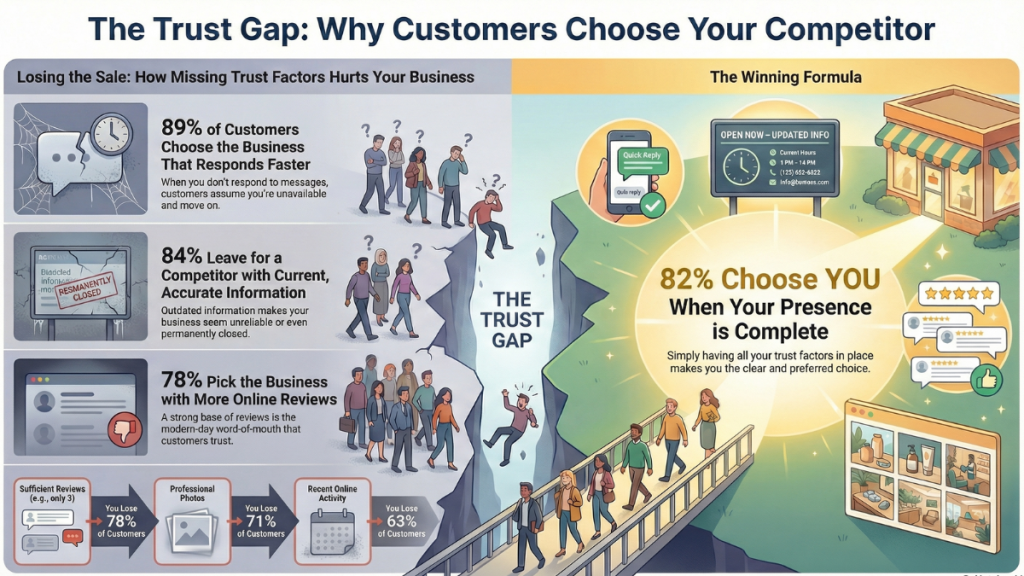 Illustration showing how slow responses, outdated information, and lack of reviews affect Jamaican customer behavior, causing customers to choose competitors they trust more.