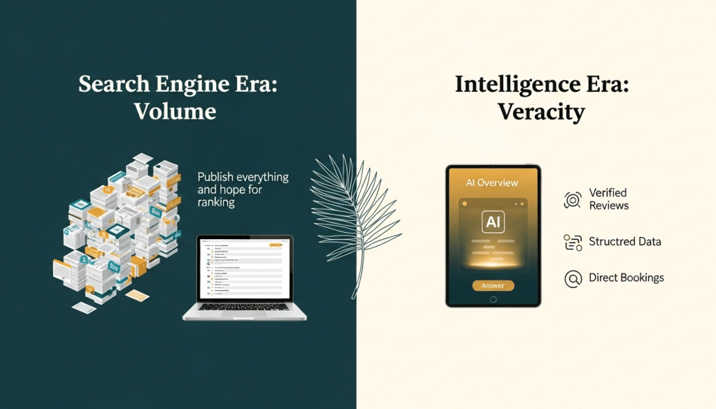 Split graphic showing traditional search engine content overload versus AI answer engine with verified results and structured data