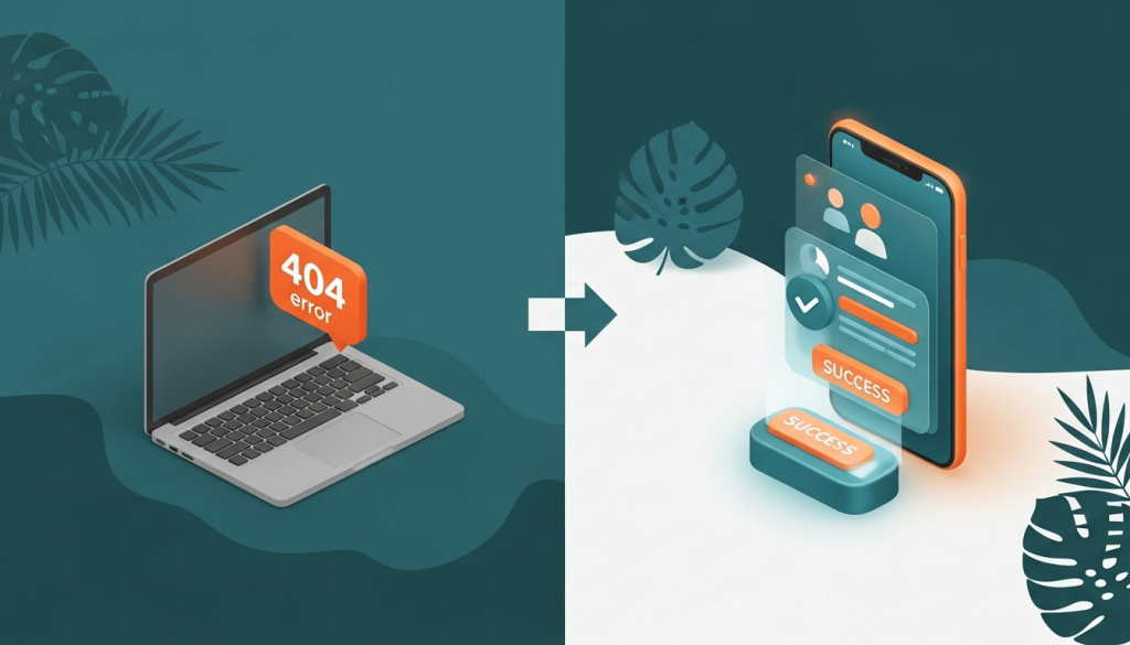 progressive web app Jamaica: laptop 404 error transitioning to a mobile app interface that works offline