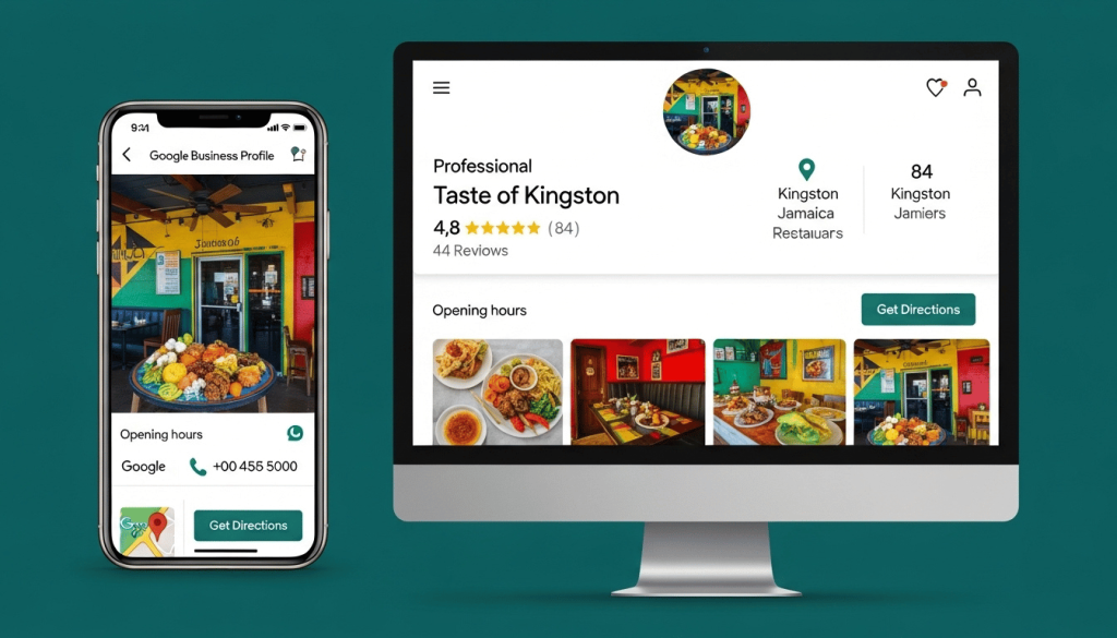 GBP optimization Jamaica — fully completed Google Business Profile for a Kingston restaurant showing reviews, photos, and accurate business information