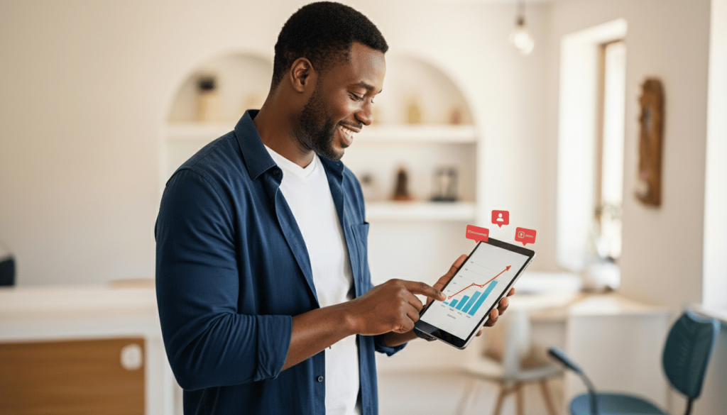 Successful Jamaican business owner visible to AI search engines — Montego Bay entrepreneur checking growing digital visibility metrics