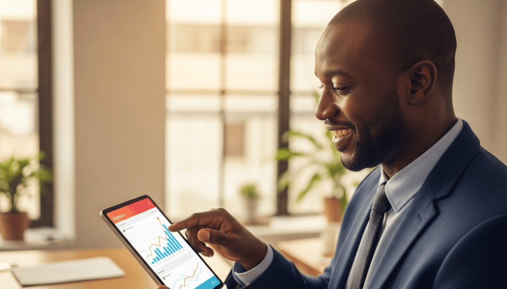 Digital resilience Jamaica — Kingston business owner reviewing analytics dashboard with upward trends on tablet after improving online presence
