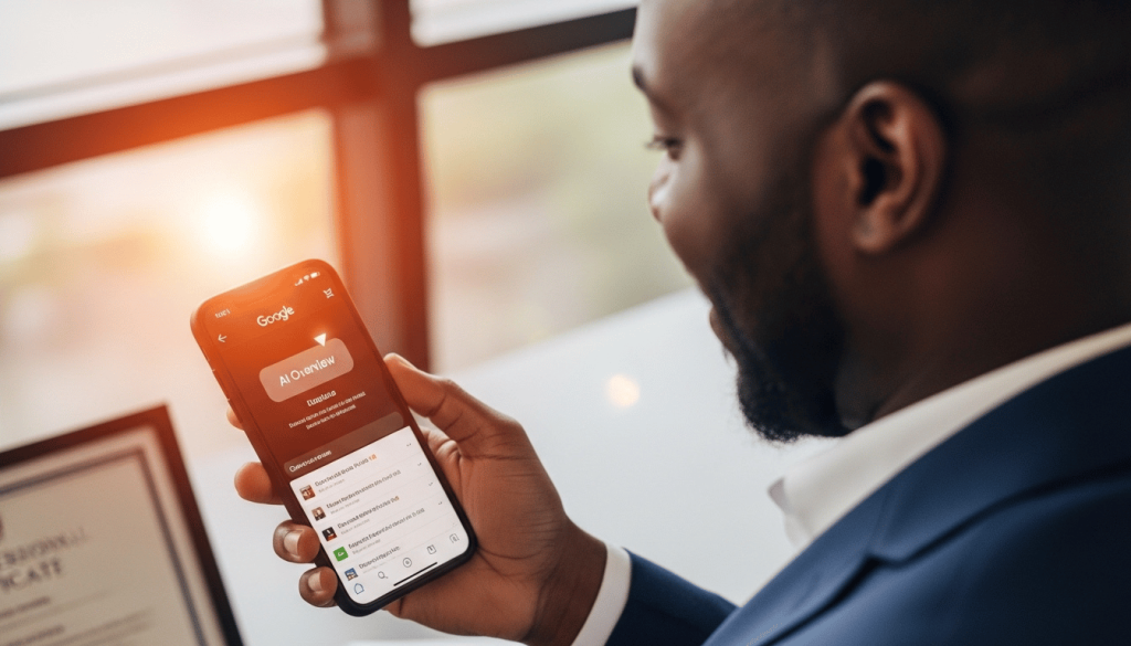 Jamaican business owner celebrating Google AI Overviews Jamaica visibility on smartphone in Portmore office