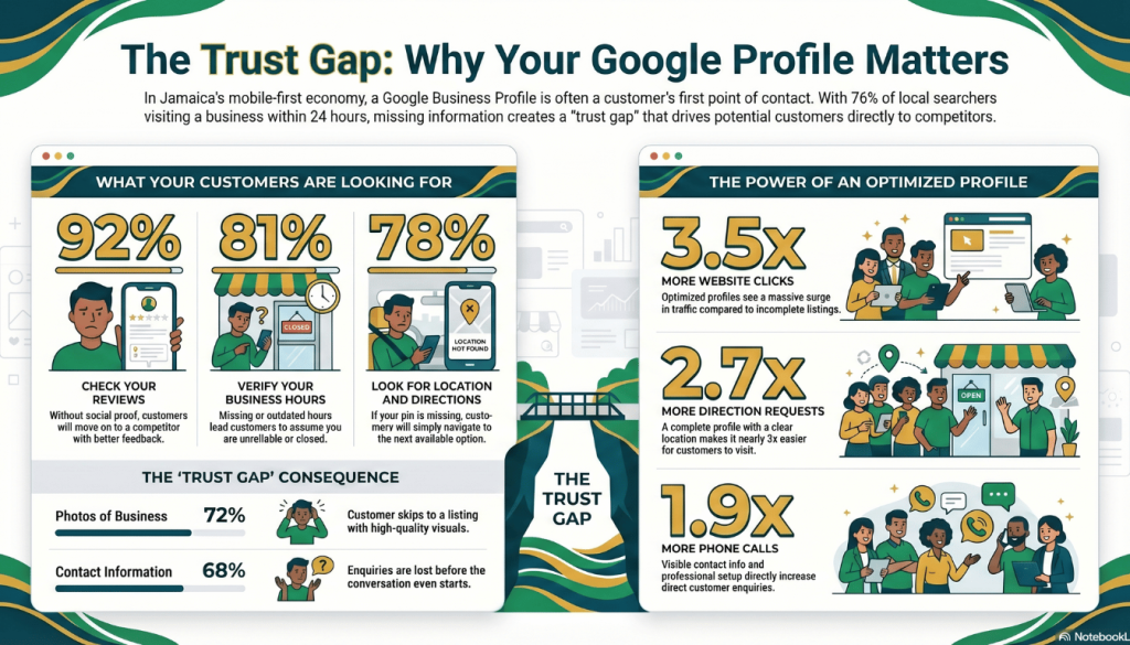 Infographic showing why Google Business Profile optimization matters in Jamaica, including customer behavior stats, trust gaps from missing information, and performance gains from optimized profiles.