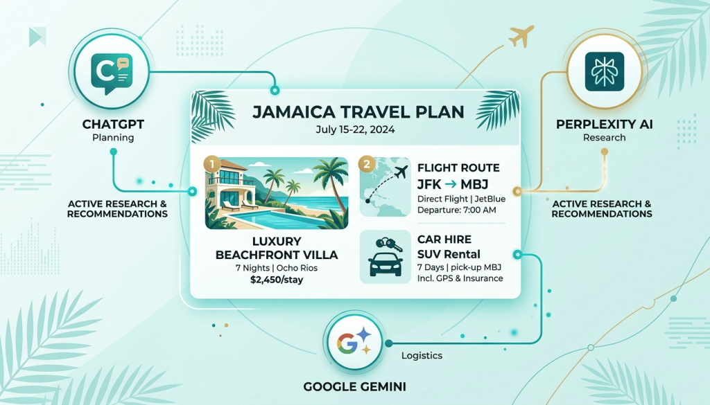 ChatGPT Perplexity and Google Gemini agentic travel planners recommending Jamaican short-term rental villas.