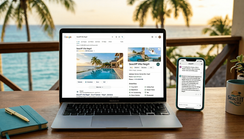 Optimised Google Business Profile for a Jamaican villa rental improving visibility in AI travel planner recommendations.