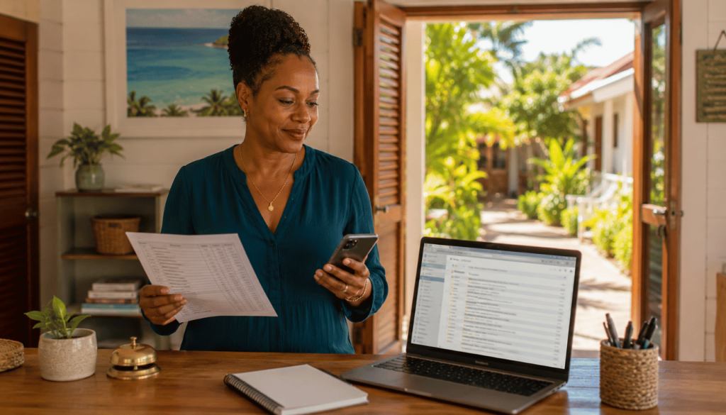 Jamaican guest house owner reviewing her booking confirmations with quiet confidence, knowing each email is building her Google AI recommendation authority.