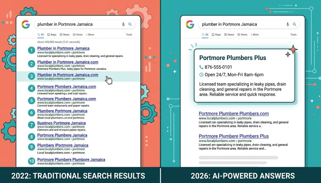 AEO Jamaica small business visibility: split-screen comparison of 2022 Google blue-link results versus 2026 Google AI Overview naming one business as the direct answer.