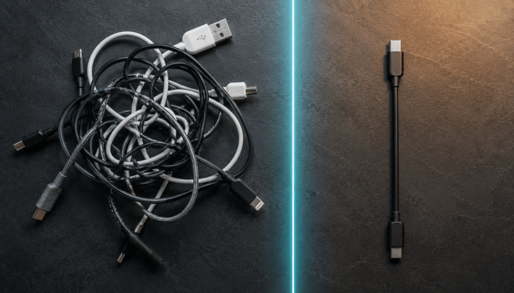 Split flat-lay showing tangled incompatible cables on the left versus a single USB-C cable on the right, illustrating how MCP standardises AI connections for Jamaican business tools.
