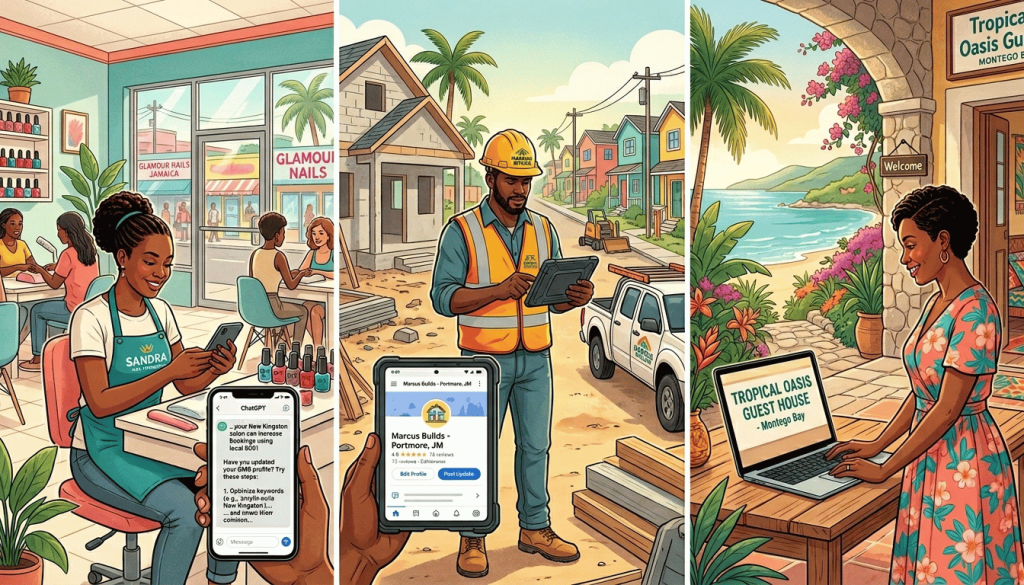 Three Jamaican small business owners — a nail technician in Kingston, a contractor in Portmore, and a guest house owner in Montego Bay — each checking their AI search visibility on a device.